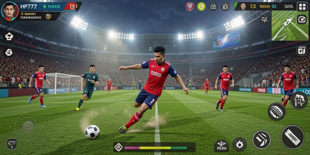 Tampilan gameplay HP777 dengan aksi sepak bola mendebarkan.