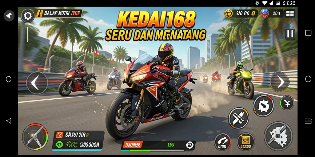Screenshot KEDAI168 menampilkan momen balap menegangkan di lintasan.