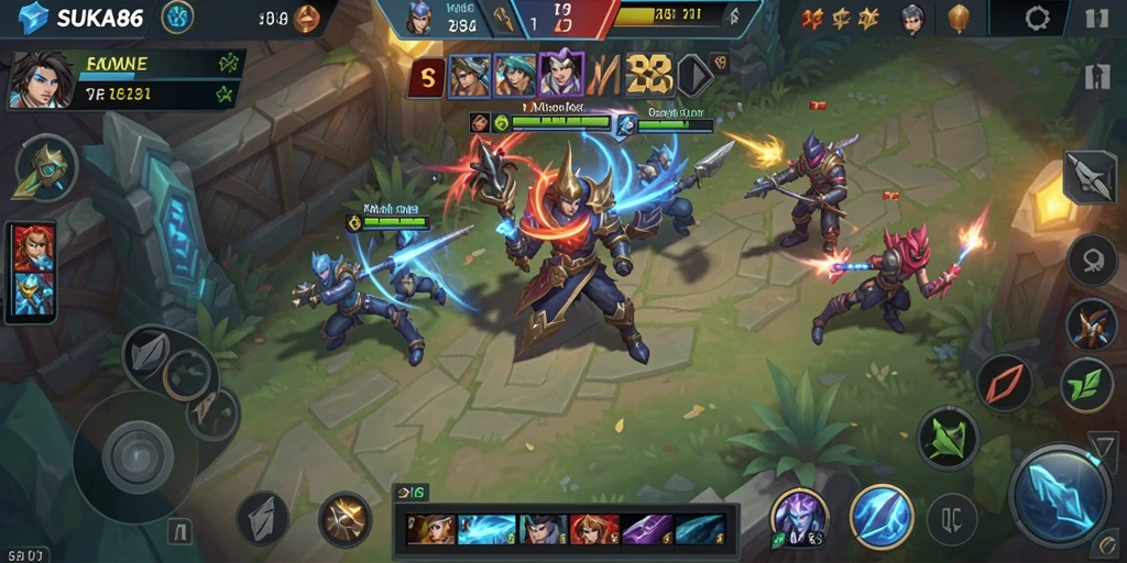 Tampilan seru gameplay MOBA di SUKA86 dengan karakter unik.