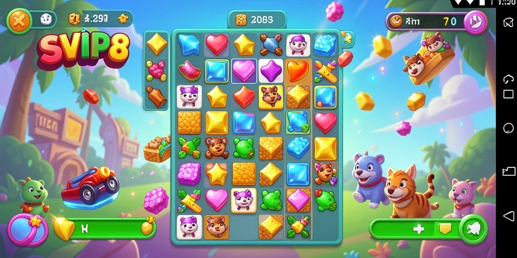 Tampilan menarik dari gameplay Match-3 di SVIP8 dengan permata berwarna-warni.